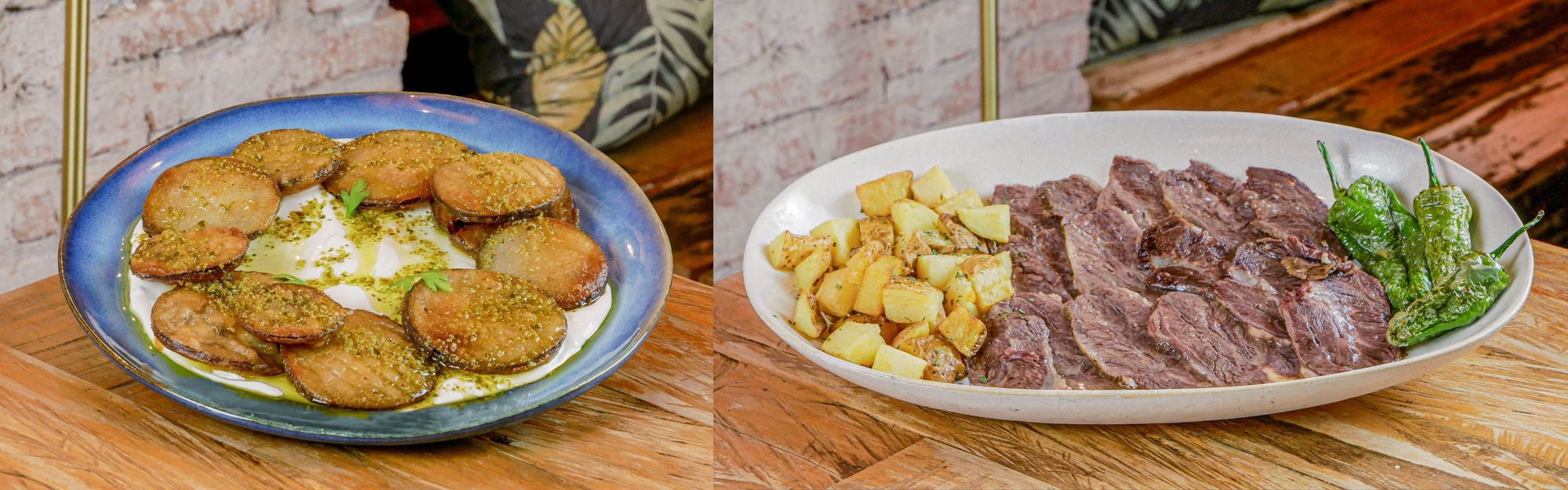 Berenjenas rebozadas sobre queso fresco y pesto, y carrillera con ternera angus acompañada de patatas y pimientos de Padrón, de los restaurantes del grupo Maná Verde